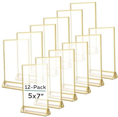 TonGass Lot de 12 cadres photo de table de mariage en acrylique double face avec bordure dorée de 3 mm et support vertical