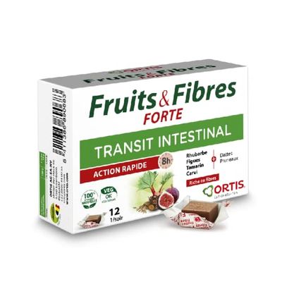 Ortis - Fruits & Fibres Forte 12 Cubes - Complément Alimentaire pour Favoriser le Transit Intestinal - En cas de Transit Lent et Ballonnements - Action Rapide - 100% Naturel à base de Rhubarbe