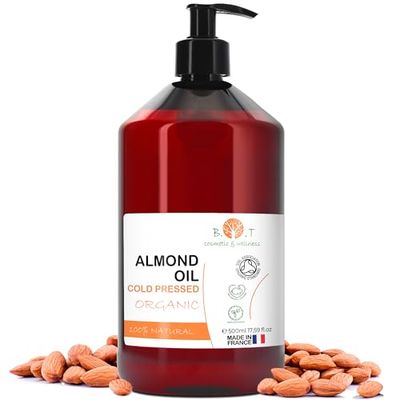 Huile Amande Douce Bio, Pressée à Froid, Pure. Huile de Massage Professionel, Huile pour Cheveux et Cils, Hydratant Corps(Mains, Ongles), Visage (Anti-âge), Vergetures Grossesse - 500 ml