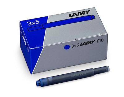 LAMY T10 Set med 3 bläckpatroner med stort bläcklager, lämpliga för alla Lamy-patronreservoarmodeller, innehåll 1,25 ml per patron, 5 stycken per paket – bläckfärg blå