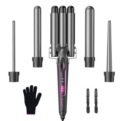BESTOPE PRO Juego de rulos de hierro corrugado 5 en 1 - rulos de 3 barriles para bucles grandes sin bucles de cerámica con diferentes accesorios Ajuste de temperatura, Gris