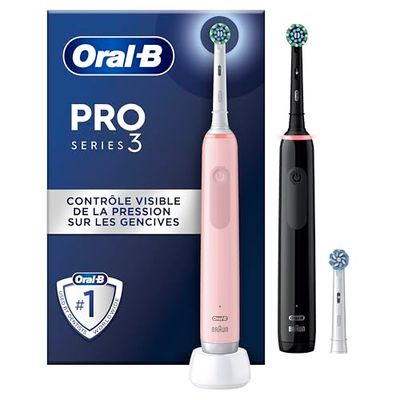 Oral-B Pro 3 3900N, Lot de 2 Brosses À Dents Électriques, Contrôle De La Pression Pour Protéger Les Gencives Sensibles, Brossettes Rondes Et Douces, 3 Embouts De Rechange, 1 Chargeur, Rose Et Noire