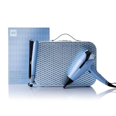 GHD - Coffret Deluxe, Lisseur Chronos & Sèche-Cheveux Helios (Bleu Glacier), Vanity inclus. Outils professionnels : Lisseur le Plus Avancé & Sèche-Cheveux Puissant. Tous Types Cheveux