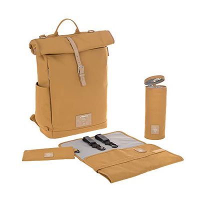 LÄSSIG Luiertas, aankleedmat, kinderwagenbevestiging, flessenhouder duurzaam geproduceerd/GRE Rolltop rugzak, geel (curry)