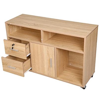 BAKAJI Multifunktionell träskrivarhållare med 3 hyllor, 2 lådor med nyckel och 1 förvaringsskåp med fack, kontorsskåp arkiv dokumenthållare med rörliga hjul, 100 x 35 x 65 cm (ek)