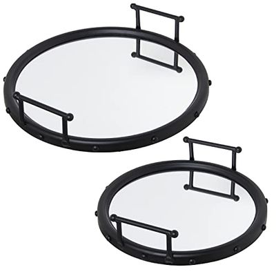 Lot de 2 Plateaux Ronds en métal et Miroir en Noir Mat 47 x 9 cm et 40 x 9 cm, INT.41 et 33 cm