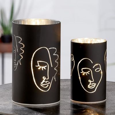 Pack van 4 lantaarns (LED), gezichtsmotief, glas, zwart, PU 4, 2 gesorteerd, H 19 cm, D. 10 cm