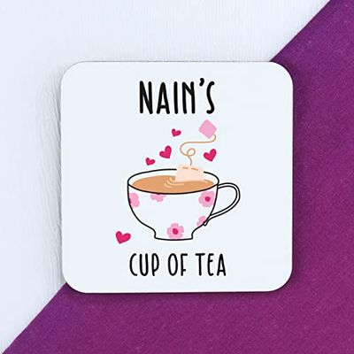 Nain's Cup of Tea Coaster, Printed Square Drinks Mat, Mother's Day, Birthday Gifts for Nain