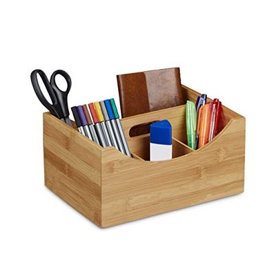 Relaxdays Bamboo Desk Organizer, Stationery Pen Holder, Office File Sorter Cabinet, HxWxD: 9 x 13 x 16 cm, Natural, 12 x 25 x 18 cm