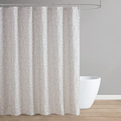 Martha Stewart Rideau de Douche en Tissu à Motif Floral de Style bohème avec Tissage texturé en rondins – décoration de Salle de Bain Moderne – Lavable en Machine – 183 x 183 cm – Couleur Lin Jenine