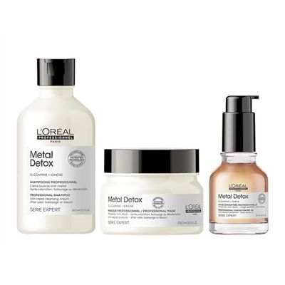 L’Oréal Professionnel Metal Detox Shampoo 300ml, Hair Mask 250ml & Leave-In Cream 100ml, Prevent Breakage & Colour Fade from hard water, for damaged, dull hair