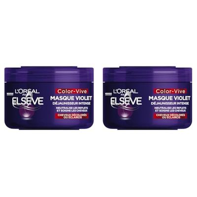 L'Oréal Paris - Masque Violet Déjaunisseur Intense - Pour Cheveux Décolorés ou Éclaircis - Neutralisation des Reflets Jaunes & Orangés - Elseve Color-Vive - 250 ml (Lot de 2)