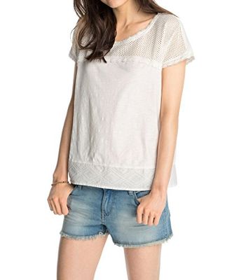 ESPRIT T-shirt med virkad spets, enfärgad, Elfenben (benvit 103), M