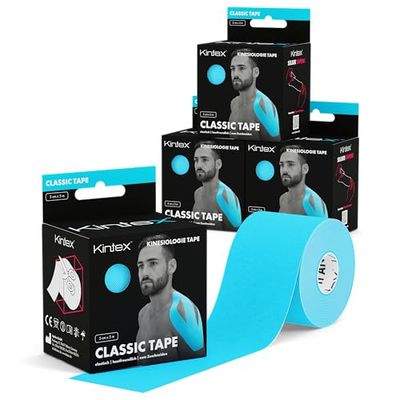 Kintex - Cinta Kinesiologica | Set de 4 Cinta Kinesiotape Resistente al Agua y a la Piel, 5cmx5m, Cinta para Deporte, Cintas Elásticas Fisioterapia | Venda Elástica Adhesiva | Vendas Elásticas (Azul)