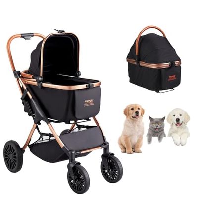 VEVOR Passeggino per Cani 4 Ruote Girevoli Passeggino per Animali Carico 30 kg Passeggino per Gatti con Freni Supporto Rimovibile Cestino Portaoggetti Cuscino per Cani di Piccola/Media Taglia, Nero