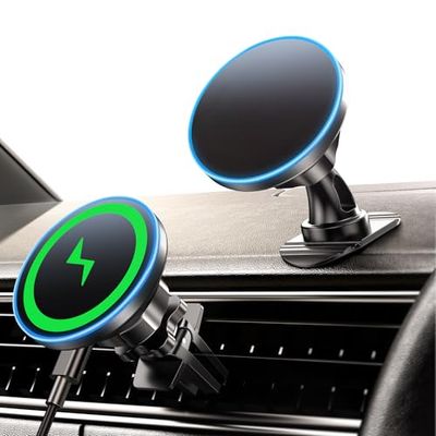 15W Soporte Movil Coche Magsafe, 2 en 1 Cargador Inalambrico Coche, Magsafe Accesorios Cargador Inalambrico, Vent/Salpicadero Teléfono Móvil para el iPhone 17 16 15 14 13 12 Series Carga Rápida