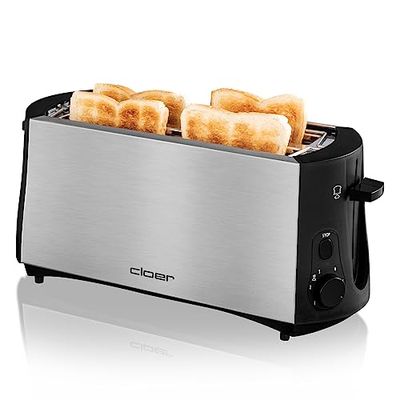 Cloer 3719 Longue fente Grille-Pain pour 4 tranches de toast, 1380 W, support pour petits pains intégré, Élevateur de tranches de pain, Tiroir à miette, Boîtier en acier inoxydable, noir