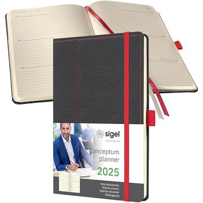 SIGEL C2555 Conceptum Agenda semanal 2025, diseño grey-red, 13,5 x 20,3 cm, tapa dura, 192 páginas, gris, rojo