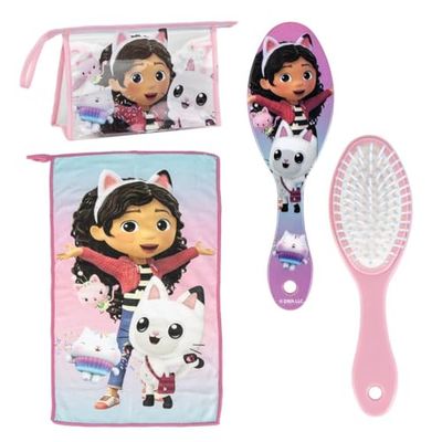 Gabby's Dollhouse Travel Toiletry Set for Kids – Includes Toiletry Bag with Name Tag, Soft Microfiber Towel and Detangling Hair Brush – Cute & Practical Gift for Holidays, Sleepovers & Daily Use