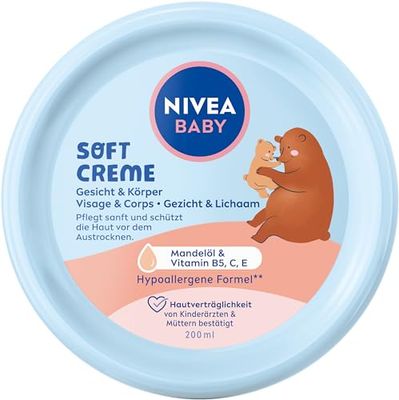 NIVEA Baby Soft Care Cream, Vegan and Hypoallergenic Skin Cream Protects and Strengthens, Moisturising Cream for Babies with Almond Oil and Vitamins, No Microplastics and Parabens (200 ml)