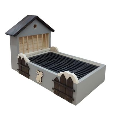 Lettiera e Mangiatoia in legno per conigli in stile Ranch, con vasca e griglia in polipropilene personalizzazione incisione laser su legno (C3 Tortora Grey)