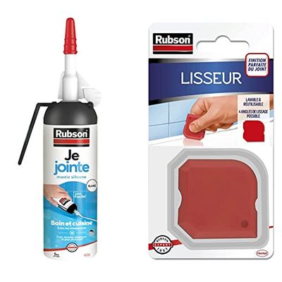 Lot de 2 produits Rubson - mastic Je Jointe Mastic Blanc 100 ml, mastic étanche anti-moisissure en aérosol prêt à l'emploi, mastic silicone durable & Lisseur Accessoire Mastic, Rouge