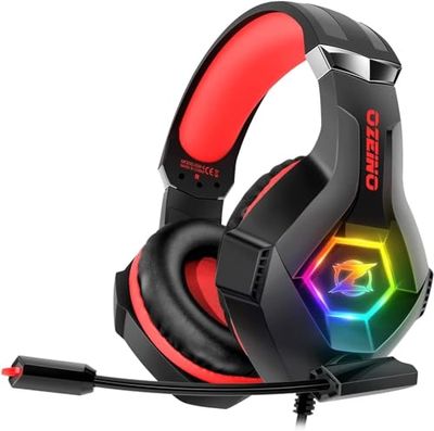 Ozeino Gaming Headset voor PC, PS4, PS5, Xbox-headset, gaming-hoofdtelefoon met ruisonderdrukking, flexibele microfoon geheugen oorbeschermers RGB-licht voor telefoon, schakelaar, Mac-rood
