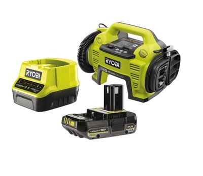 Ryobi - Compresor e inflador 18V - hasta 10,3 Bares - Incluye 3 boquillas de inflado + 1 batería 2,0 Ah + 1 Cargador rápido 2,0 A - R18I-1C20GZL