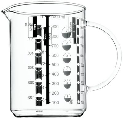 WMF Gourmet Jarro de medida de crista borosilicatado resistente ao calor com escala para litros, mililitros, canecas e gramas