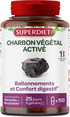 SUPERDIET - CHARBON VÉGÉTAL ACTIVÉ – Ballonnements et Confort digestif – Phytothérapie – Fabrication Française – 150 gélules