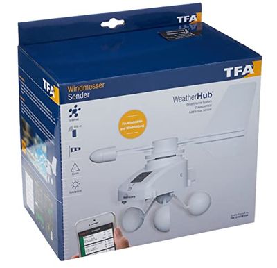 Anemómetro de radio solar TFA Dostmann Weatherhub, 30.3307.02, monitoreo a través de teléfono inteligente, blanco