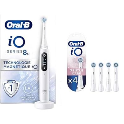 Oral-B iO 8N Brosse À Dents Électrique Blanche connectée Bluetooth, 2 Brossettes, 1 Étui De Voyage & iO Gentle Care, Embout, Pack de 4 Brossettes de Rechange pour Brosse à Dents Électrique