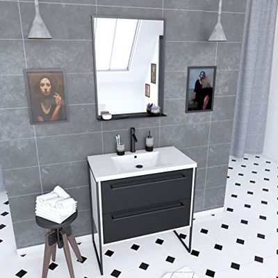 AURLANE Pack Meuble de Salle de Bain 80x50 Blanc - 2 tiroirs + Vasque resine Blanche + Miroir Noir Mat