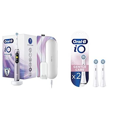 Oral-B iO Series 9 Brosse à Dents Électrique Rechargeable avec 1 Manche Intelligence Artificielle, Rose, 1 Brossette et 1 Étui de Voyage Offert & iO Gentle Care Brossettes de Recharge, Pack de 2