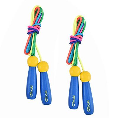 OTraki - Cuerda de saltar, para niños, adultos, paquete de 2 cuerdas de saltar, ajustable, mango de madera, antideslizante, cuerda de algodón, colorida, salto para niño, niña, fitness, entrenamiento
