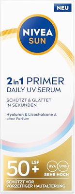 NIVEA SUN 2-i-1 Primer Daily UV Serum SPF 50+, parfymfri solkräm för mjukare ansiktshud med hyaluron och antioxidant, snabbabsorberande ansiktsvård med SPF (30 ml)