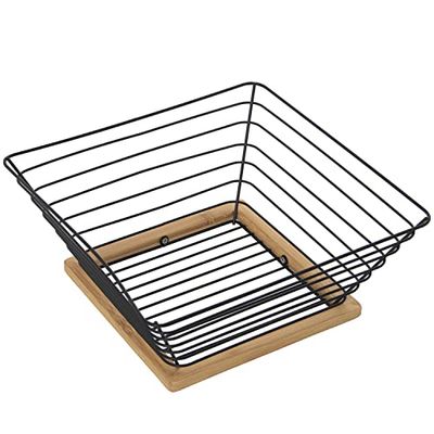 DRW Corbeille à Fruits carrée en métal et Bois Noir et Naturel 25 x 25 x 10 cm, Grille 15 x 15 cm, estandar