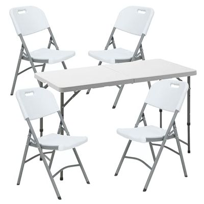 Tavolo pieghevole multifunzionale di altezza regolabile 120 x 60 x 52,5 – 75 cm, e set di 4 sedie pieghevoli 51 x 45 x 85,5 cm, ideale per esterni