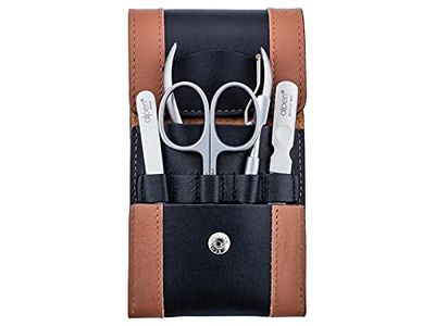 Alpen Set per manicure, 5 pezzi, antiruggine, forbici per cuticole, pinzette, spingi unghie, lima per unghie, custodia nera marrone