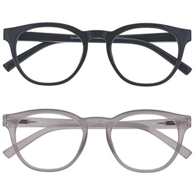 OPULIZE Blu - Occhiali da Lettura Filtro Luce Blu Set da 2 Montatura Tonda Fashion Cerniere a Molla Migliorano il Sonno Gaming Computer Anti Riflesso Grigio Ghiaccio Uomo Donna BB5-7C +2.50