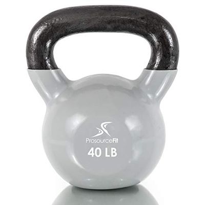 Prosource Vinyl Coated Gietijzeren Kettlebells Kleur-Coded 40 lbs. met extra grote handgrepen voor thuis en gym workouts, grijs