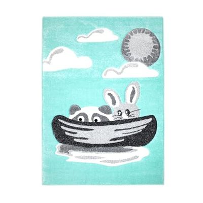 Kindertapijt Bueno met dieren haas wasbeer in mint-turkoois met contour cut voor kinderkamer; grootte: 140x200 cm