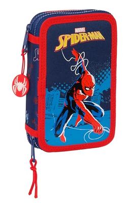Safta Spiderman Neon - Estuche Escolar Niño, Estuche con Colores, con 28 Útiles Incluidos, Ideal para Niños de 5 a 14 Años, Cómodo y Versátil, Calidad y Resistencia, 12.5x4x19.5 cm, Color Azul Marino