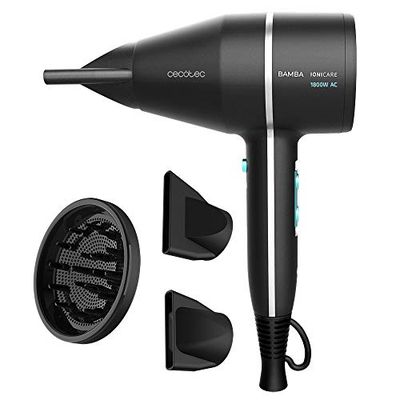 Cecotec Sèche-cheveux ionique Bamba IoniCare 5500 PowerStyle avec moteur AC, grand débit d'air, avec ions réels, système Perfect Colour, diffuseur et accessoires professionnels (Noir) (Nègre)