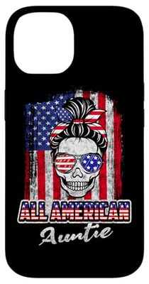 All American Auntie Patriotic Messy Bun Skull USA 4th July Custodia per iPhone 14