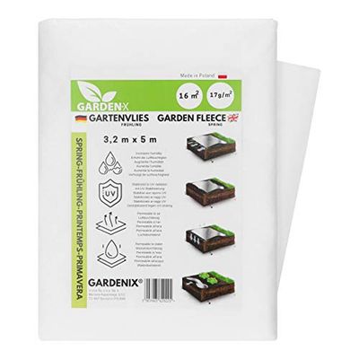 GARDENIX voorjaarstuinvlies van 16 m² met waterdoorlatendheid, voor het afdekken van groentebedden, UV-stabilisatie (3,2 m x 5 m)