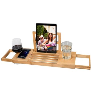 alpina Bandeja Bañera Ajustable - Estanterias Baño 50-92 x 18 x 4 cm - Bandeja Bambú con Soporte para Libros y Soporte para Tableta - Incl. Soportes para Vasos - Mueble Baño