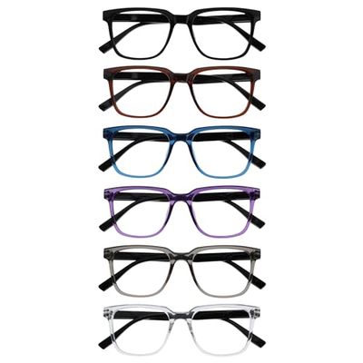 OPULIZE LEO Occhiali da lettura - Pacco da 6 - Montatura rettangolare grande - Nero/Marrone/Blu/Viola/Grigio/Chiaro - Uomini Donne - RRRRRR55-12357C - +1.50