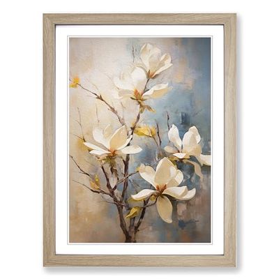 Magnolia Flower Impressionism No.2 Framed Wall Art Print, Ready to Hang Picture for Living Room Bedroom Home Office, Oak A2 (48 x 66 cm)