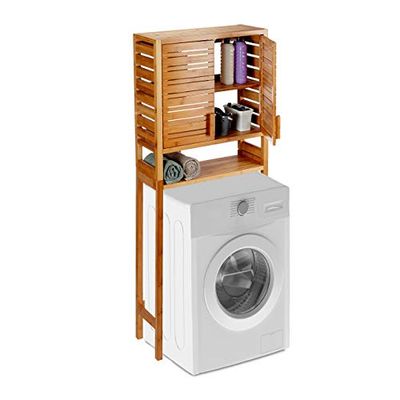 Relaxdays Armário para máquina de lavar roupa, em pé, porta laminada, três prateleiras, altura, castanho, 164 x 66 x 26 cm